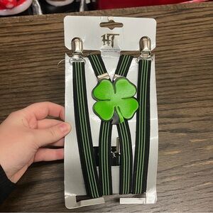 Hot Topic NEW neon Green mens suspenders st Patrick’s day‎ 4 leaf clover